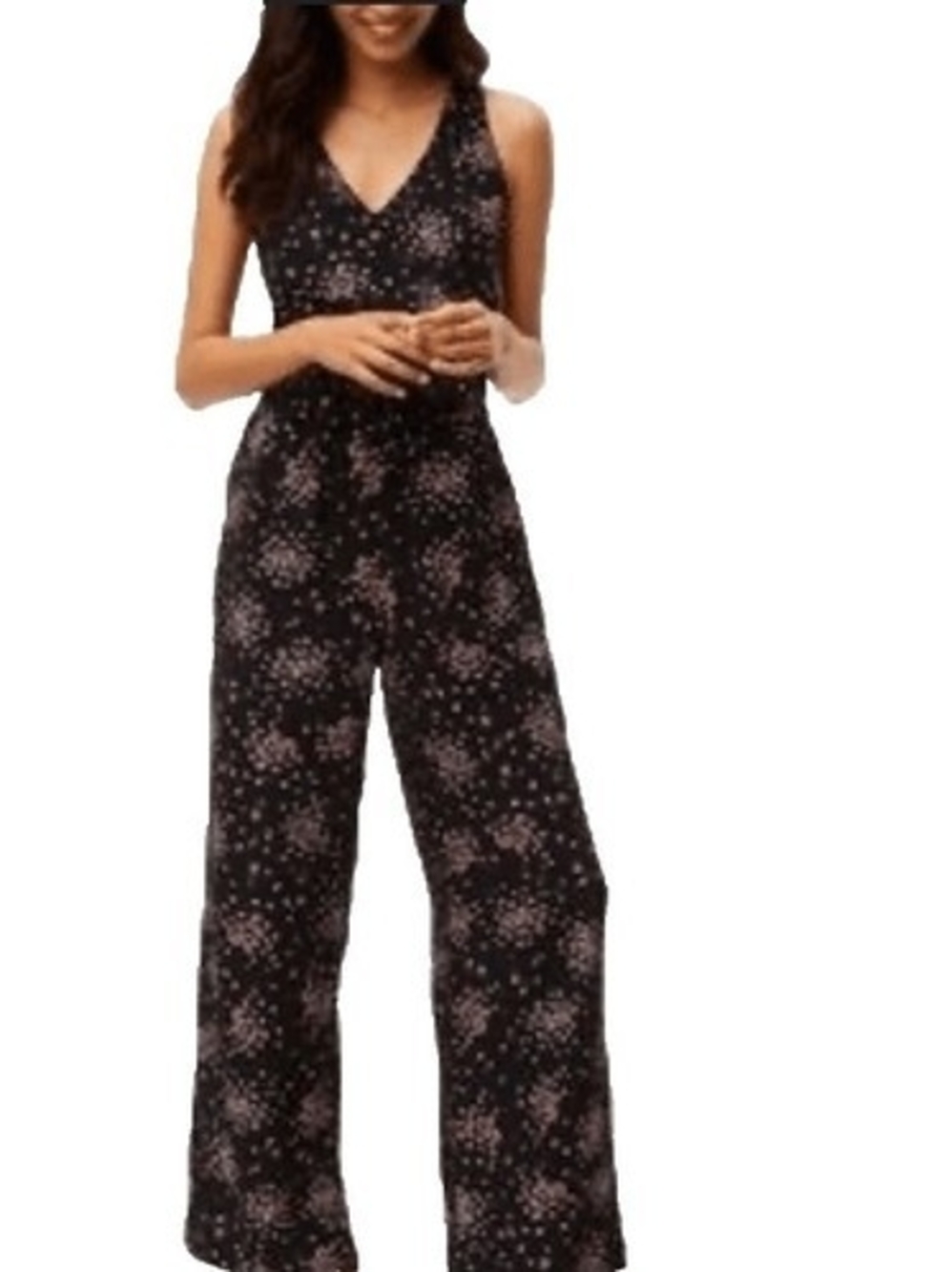 LOFT Black Floral Jumpsuit Sleeveless Wide Leg V-Neck Womens Medium - Picture 2 of 13